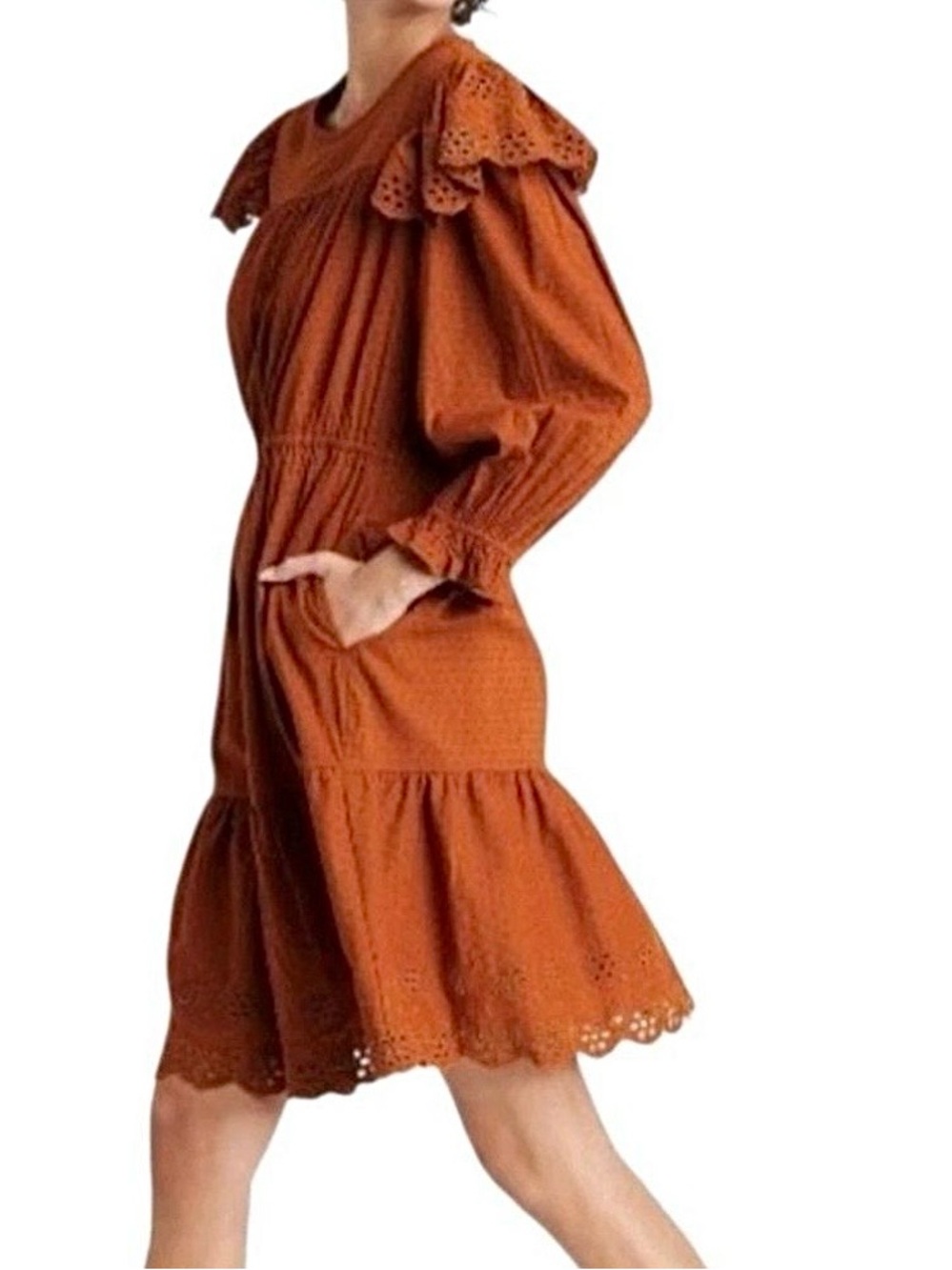 Women’s Orange Eyelet Ruffle Puff Sleeve Midi Dress Modest Prairie Boho Large
